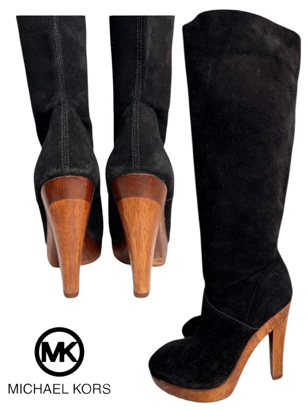 KORS Michael Kors Daria Black Suede Knee High Platform Boots 7.5